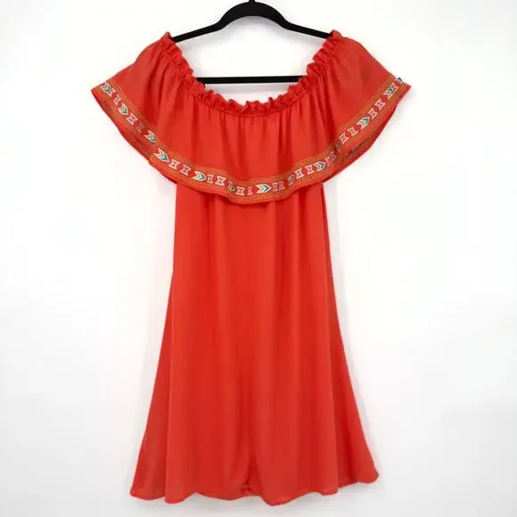 THML Orange Embroidered Off Shoulder Ruffle Mini Dress Aztec Festival Beach M - Picture 7 of 13
